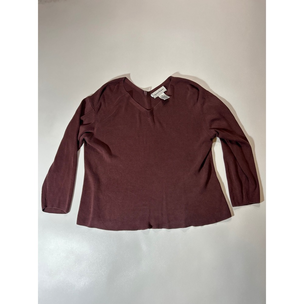 Rena Rowan V-Neck Sweater Womens L Burgundy Excellent Silk Cotton Ribbed Knit